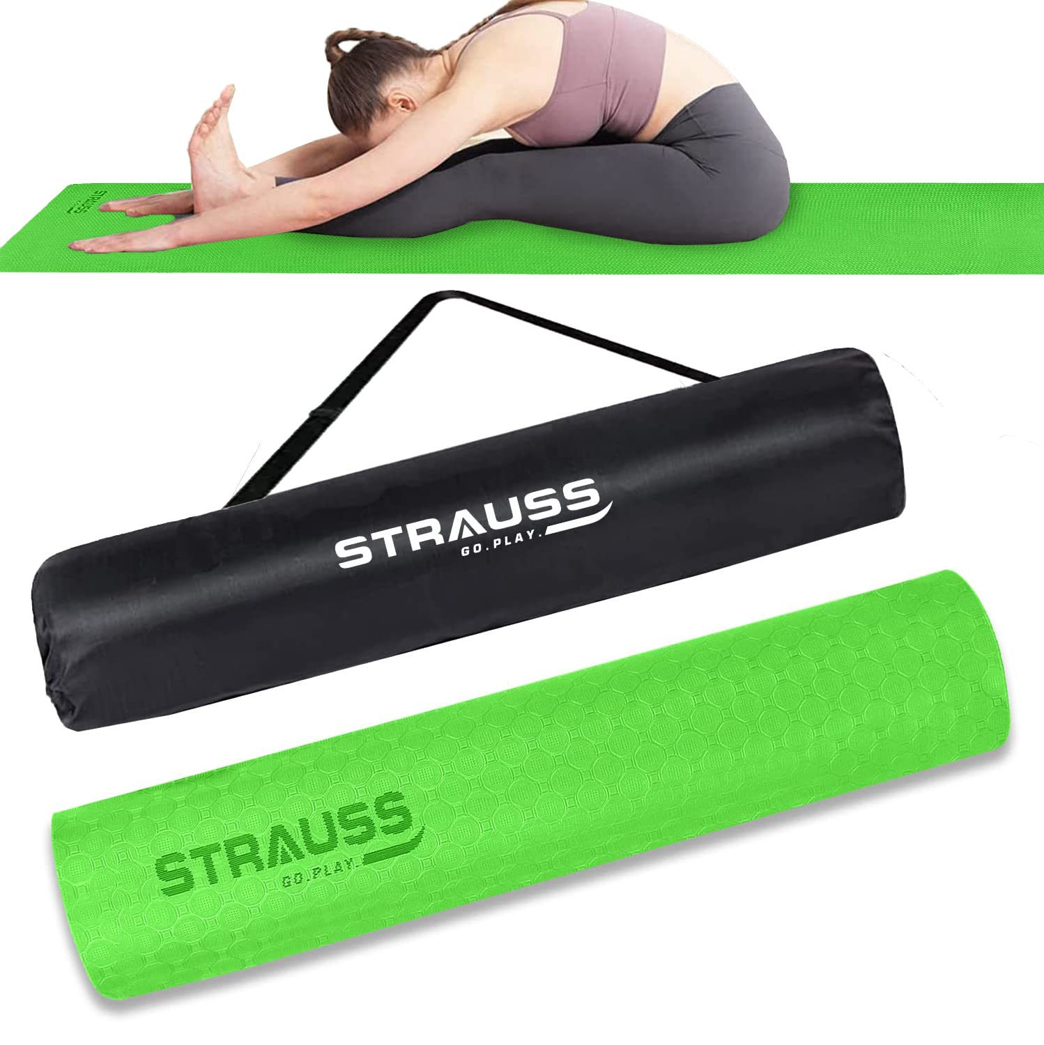 Strauss Anti Skid TPE Yoga Mat with Carry Bag, 8mm, (Green)