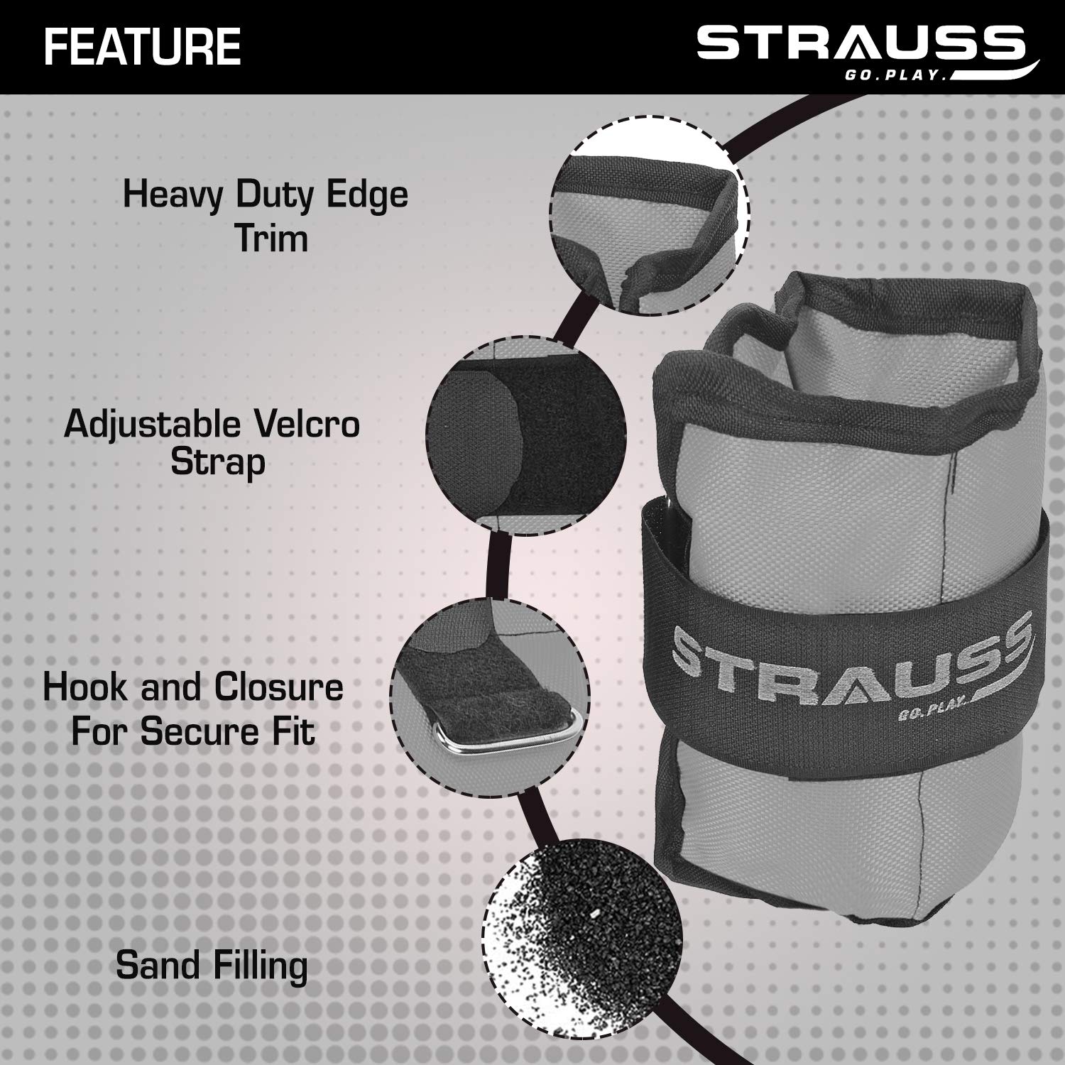Strauss Adjustable Ankle/Wrist Weights 1.5 KG X 2 | Ideal for Walking, Running, Jogging, Cycling, Gym, Workout & Strength Training | Easy to Use on Ankle, Wrist, Leg, (Grey)