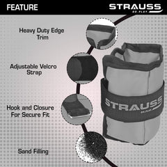 Strauss Adjustable Ankle/Wrist Weights 1 KG X 2 | Ideal for Walking, Running, Jogging, Cycling, Gym, Workout & Strength Training | Easy to Use on Ankle, Wrist, Leg, (Grey)