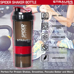 STRAUSS Spider Gym Shaker Bottle | Shakers for Protein Shake with 2 Storage Compartment | Leakproof Gym protein shaker for Post and Pre-Workout Drink, Bcaa Shake| 100% BPA Free and Lightweight (500 ML, Pack of 1,Red)