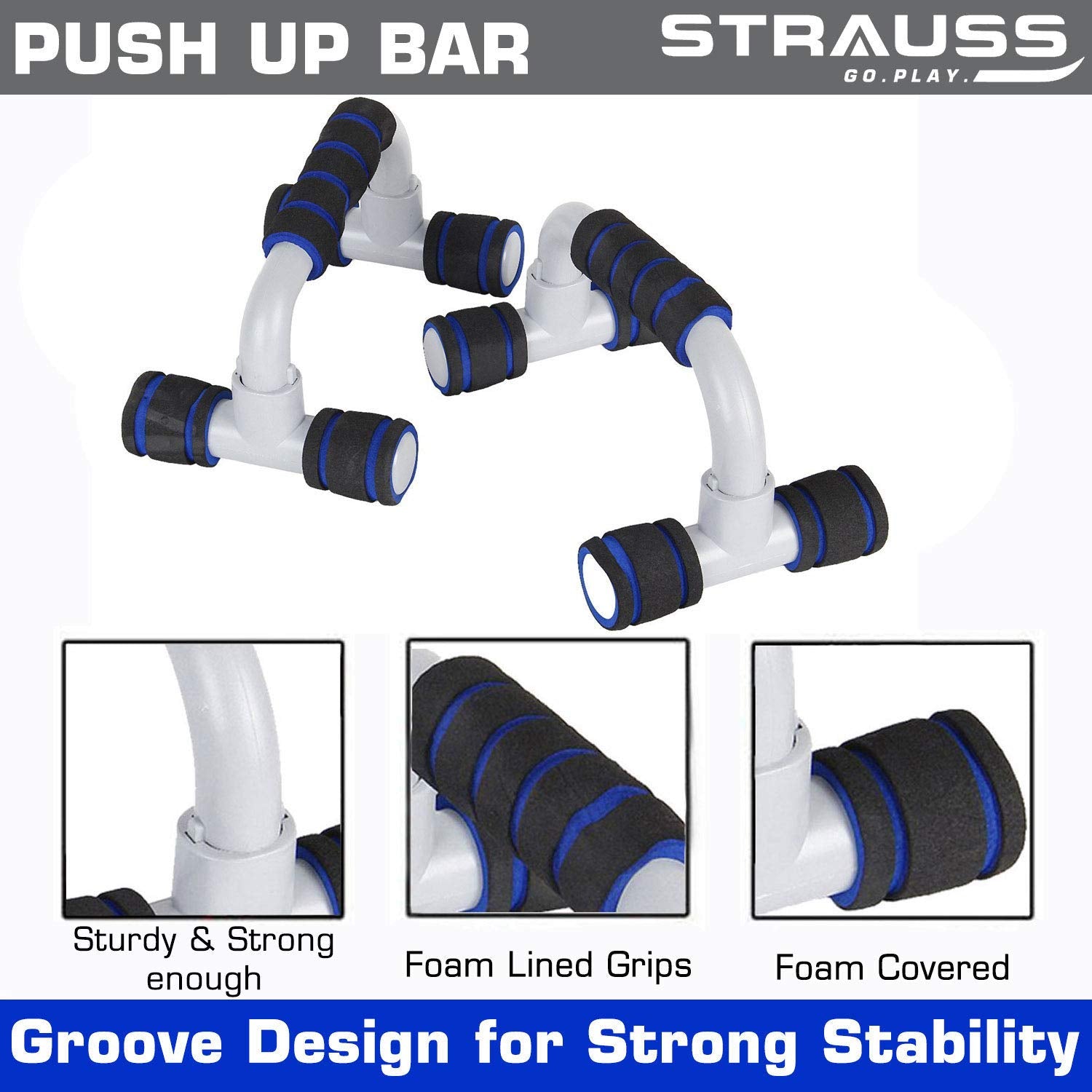 Strauss Moto Push Up Bar, Pair (Black/Blue) with Hand Grip