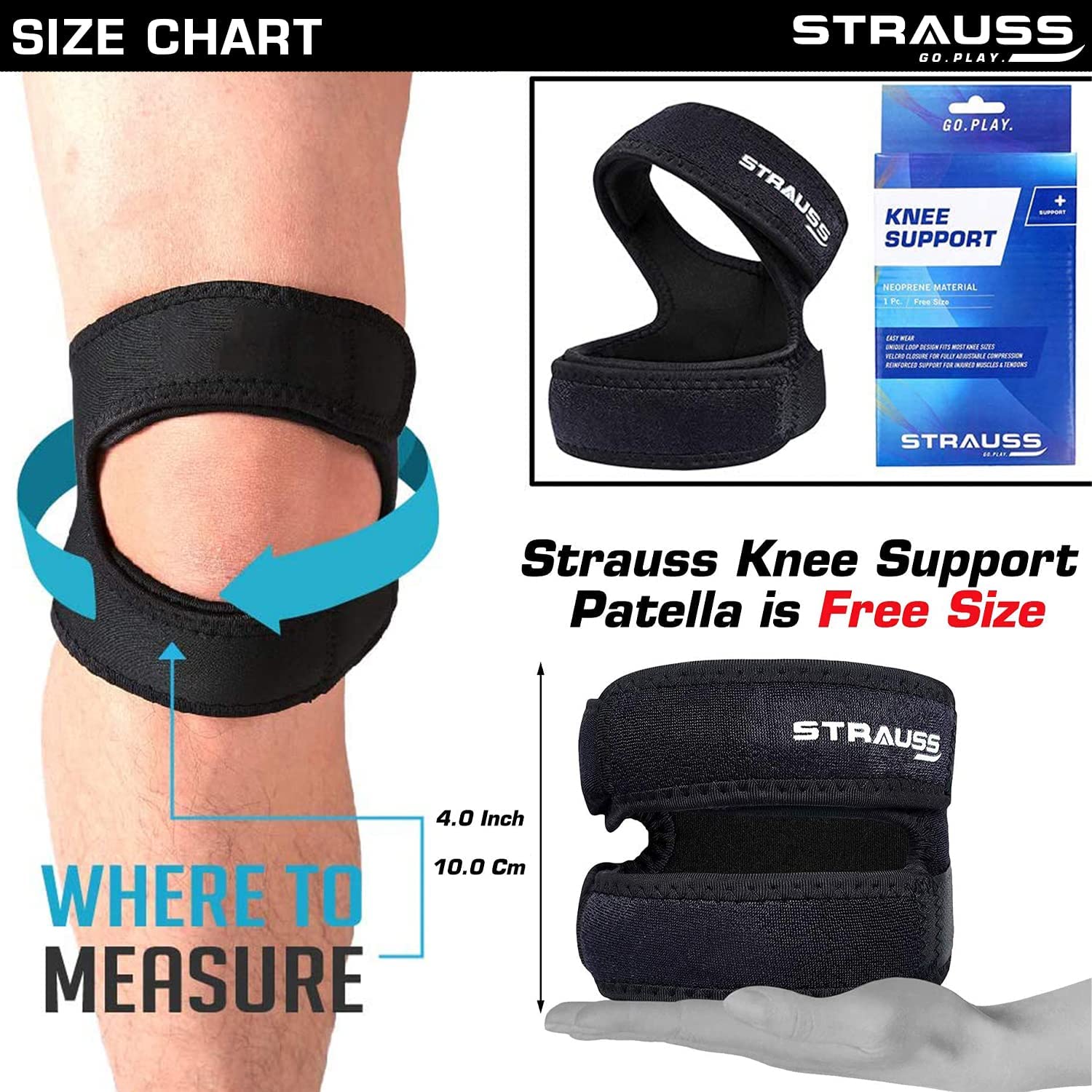 Strauss Pattela Strap Knee Support, Free Size, (Black) (Dual Strap