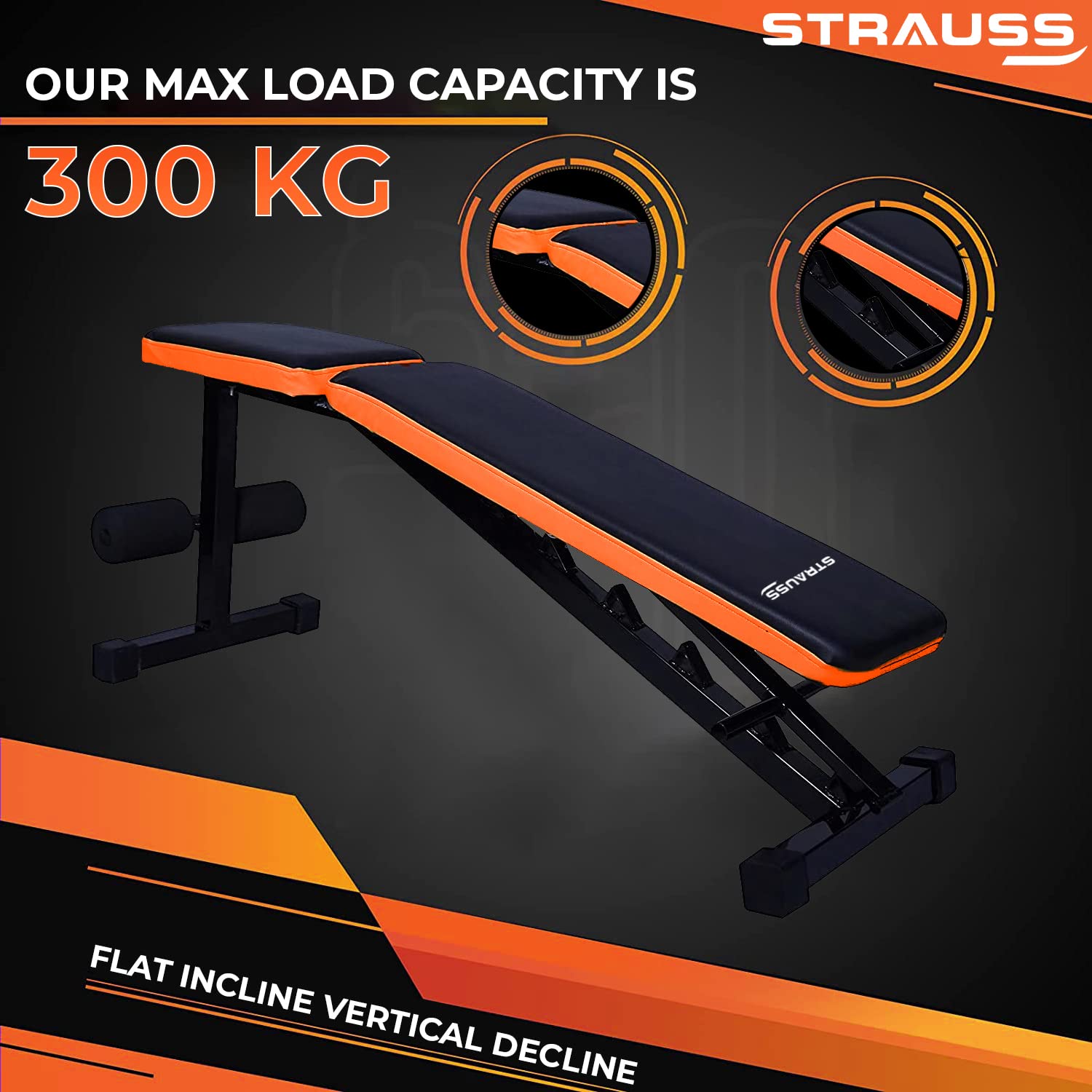 Strauss Adjustable Heavy Duty Workout Gym Bench for Multipurpose Exercise, (Black/Orange)