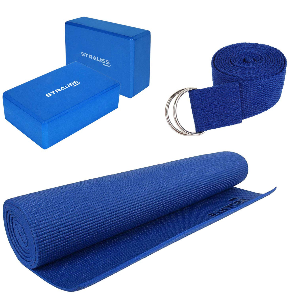 Strauss Yoga Mat 6mm (Blue), Yoga Block (Navy Blue) Pair and Yoga Belt (Blue)