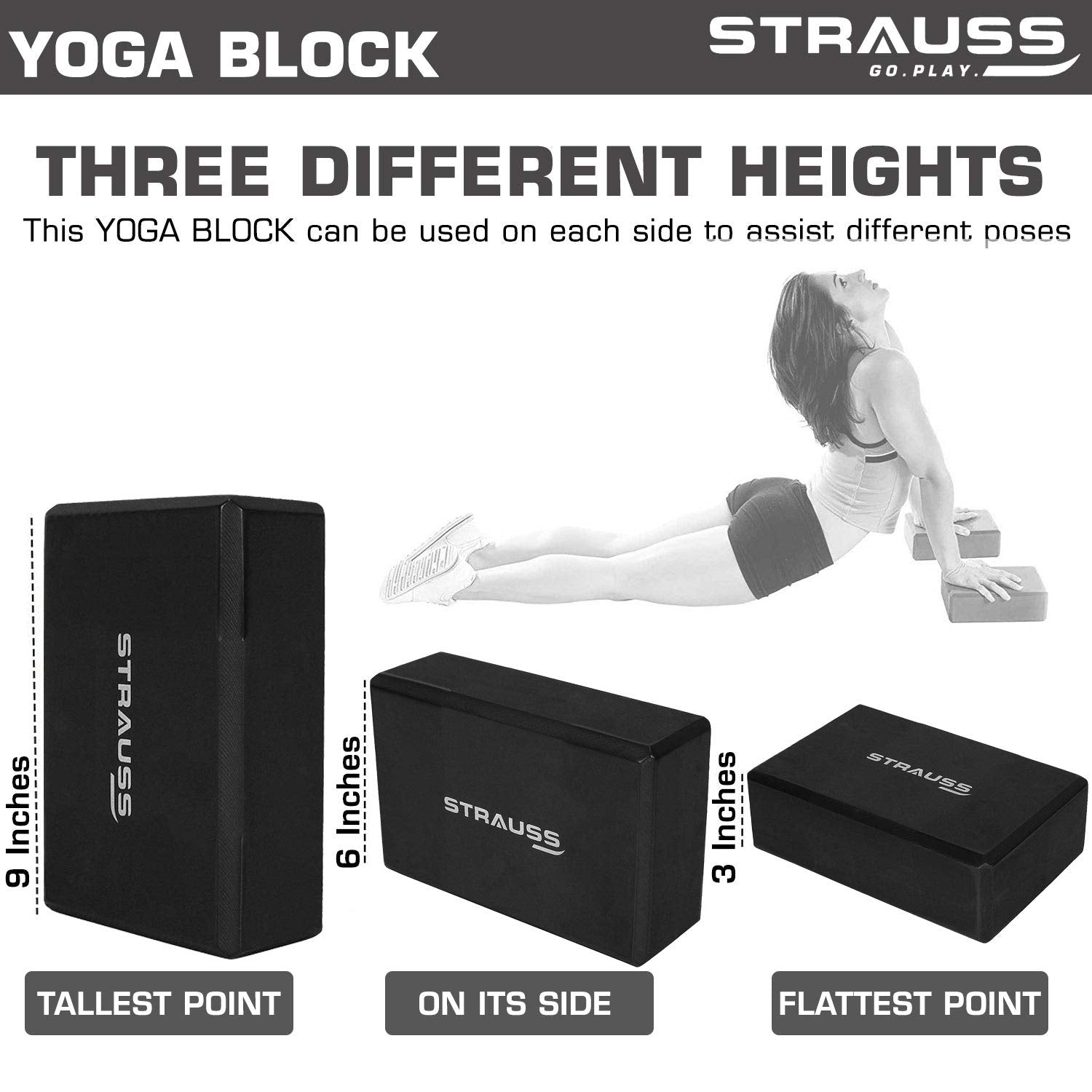Strauss Foam Roller (Black), 30 cm and Yoga Block (Black)