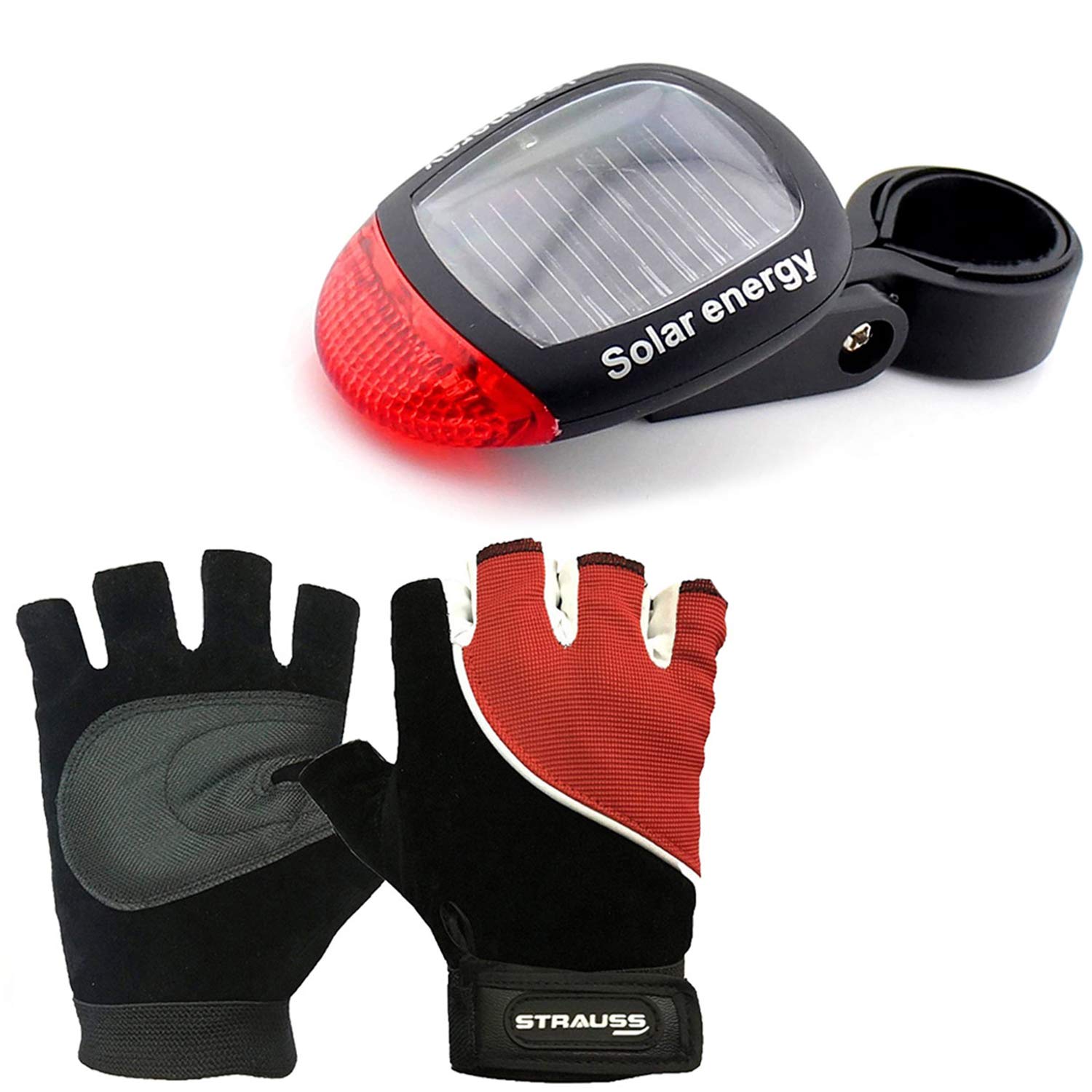Strauss Bicycle Solar Tail Light and Cycling Gloves,Medium, (Black/Red)