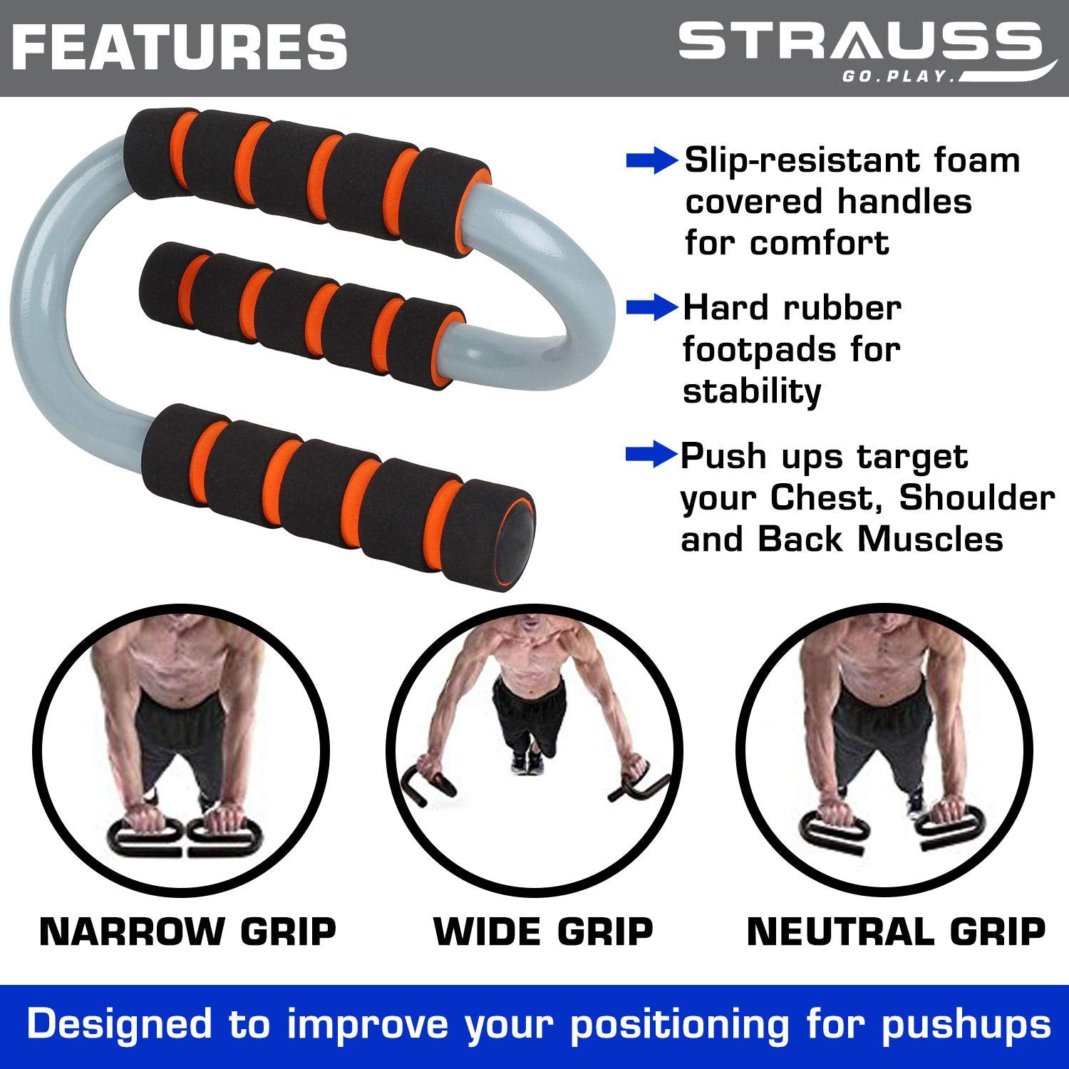 Strauss S Shape Push up Bar, Pair (Black/Orange) – StraussSport