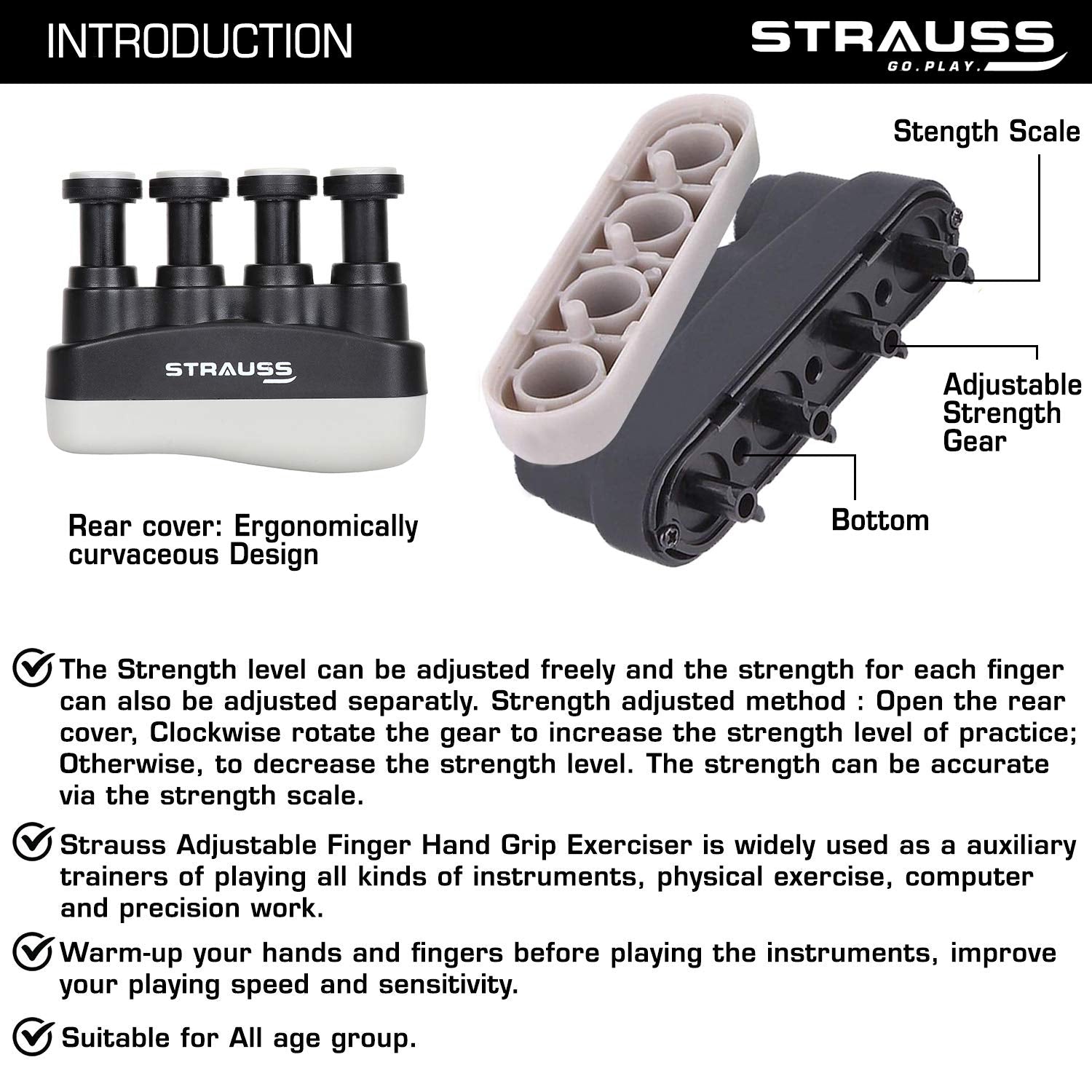 Strauss Adjustable Finger Hand Grip, (Black)
