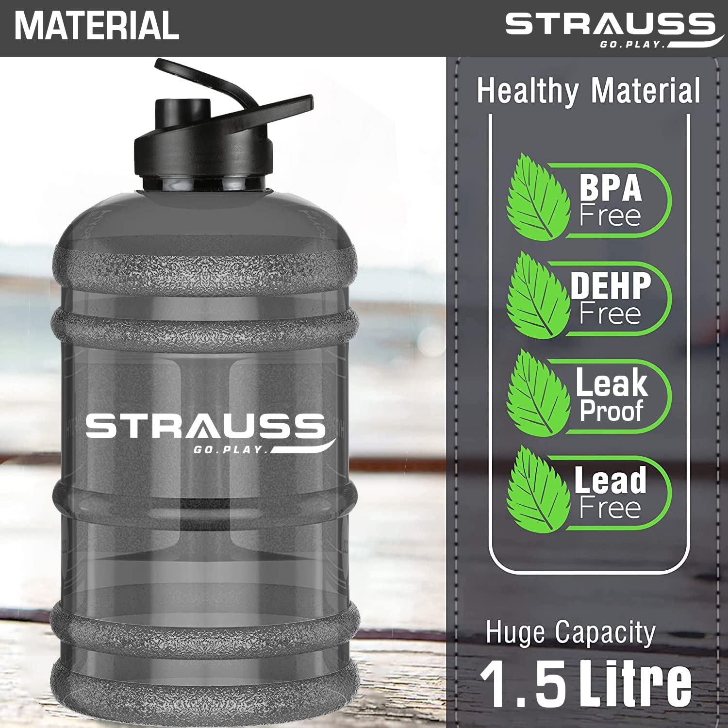 STRAUSS Gallon Shaker Water Bottle 1.5L with Mixer Ball, (Transparent, Black Shade, Plastic, Pack of 1)