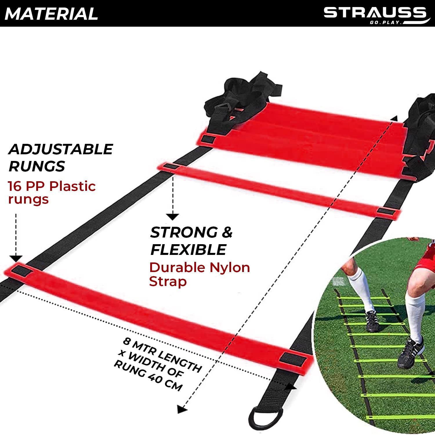 Strauss Adjustable Exercise Agility Ladder, 8m, (Red)