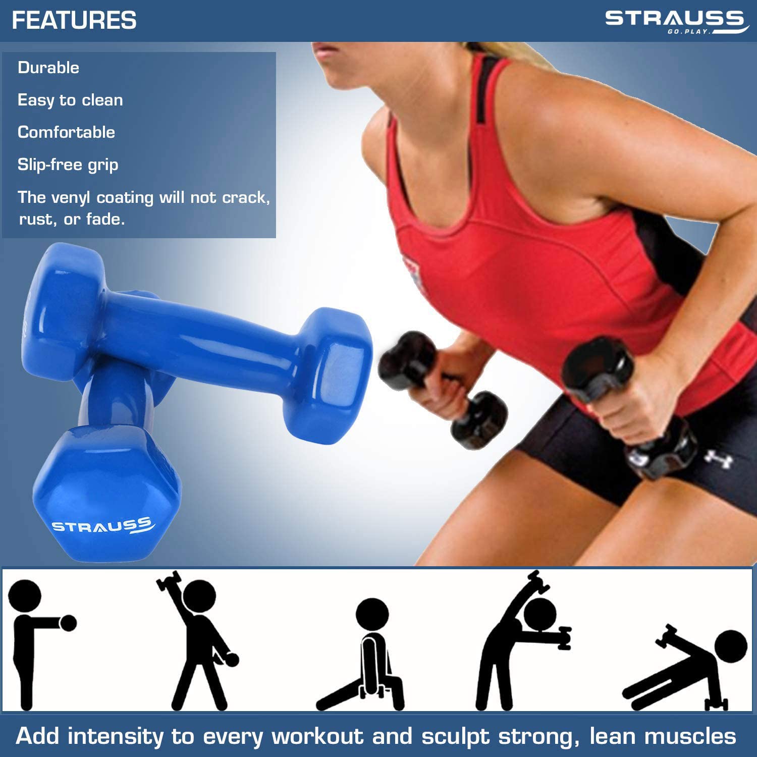 Strauss Unisex Vinyl Dumbbells Weight for Men & Women | 2Kg (Each)| 4Kg (Pair) | Ideal for Home Workout and Gym Exercises (Blue)
