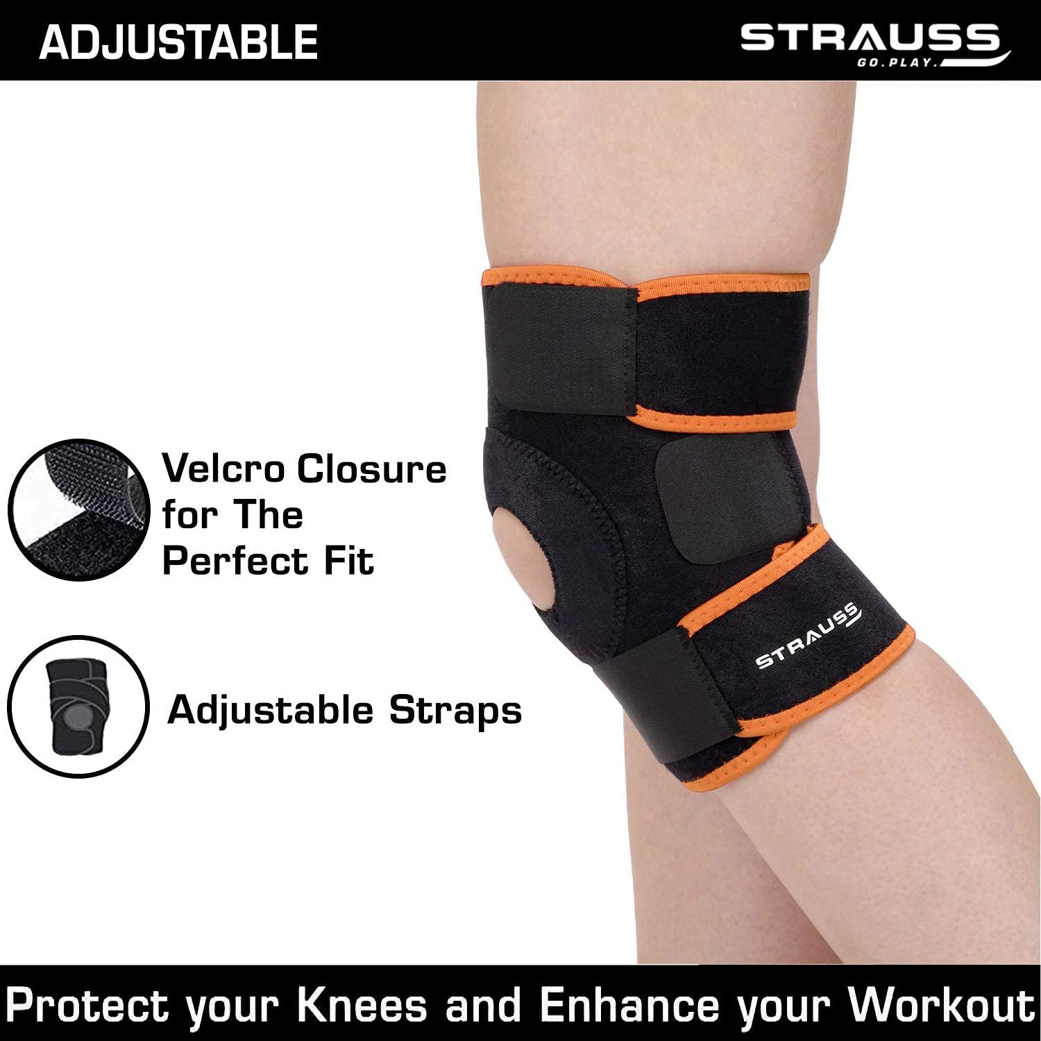 Strauss Adjustable Knee Support Patella, Free Size (Black/Orange)