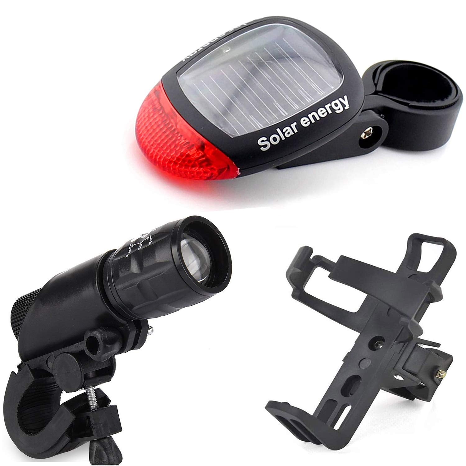 STRAUSS Bicycle Zoom LED Torch with Mount Holder with Solar Tail Light and Bottle Holder