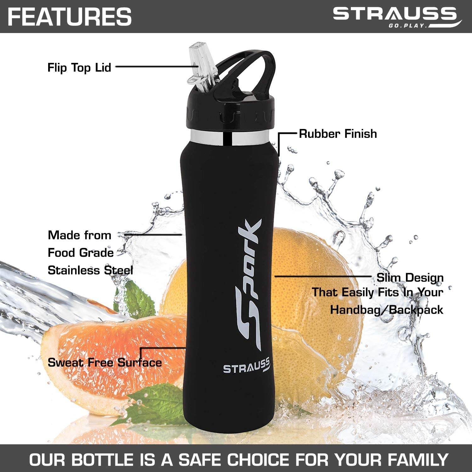 STRAUSS Spark Stainless-Steel Bottle, Rubber Finish, 750 ml, (Black)