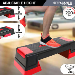 Strauss High Rise Aerobic Stepper | Two Height Level Adjustments - 6 inches and 8 inches | Slip-Resistant & Shock Absorbing Platform for Extra-Durability - Supports Upto 200 KG, (Red)