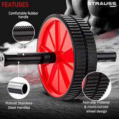 Strauss Double Wheel Ab & Exercise Roller | Anti-Skid Wheel Base, Non-Slip PVC Handles | Ideal for Home, Gym workout for Abs, Tummy, (Red)