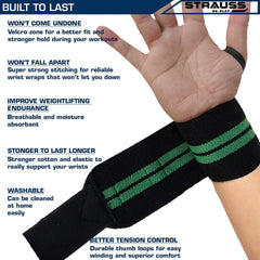 STRAUSS WL Cotton Wrist Supporter with Thumb Loop Straps & Closures for Gym, Workouts & Strength Training| Adjustable & Breathable Materail with Powerful Velcro & Soft Material, (Black/Green)