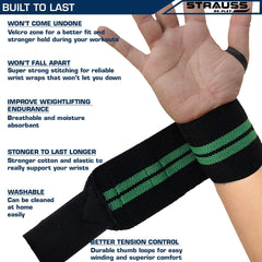Strauss WL Cotton Wrist Supporter with Thumb Loop Straps & Closures for Gym, Workouts & Strength Training| Adjustable & Breathable with Powerful Velcro & Soft Material, (Black/Green)