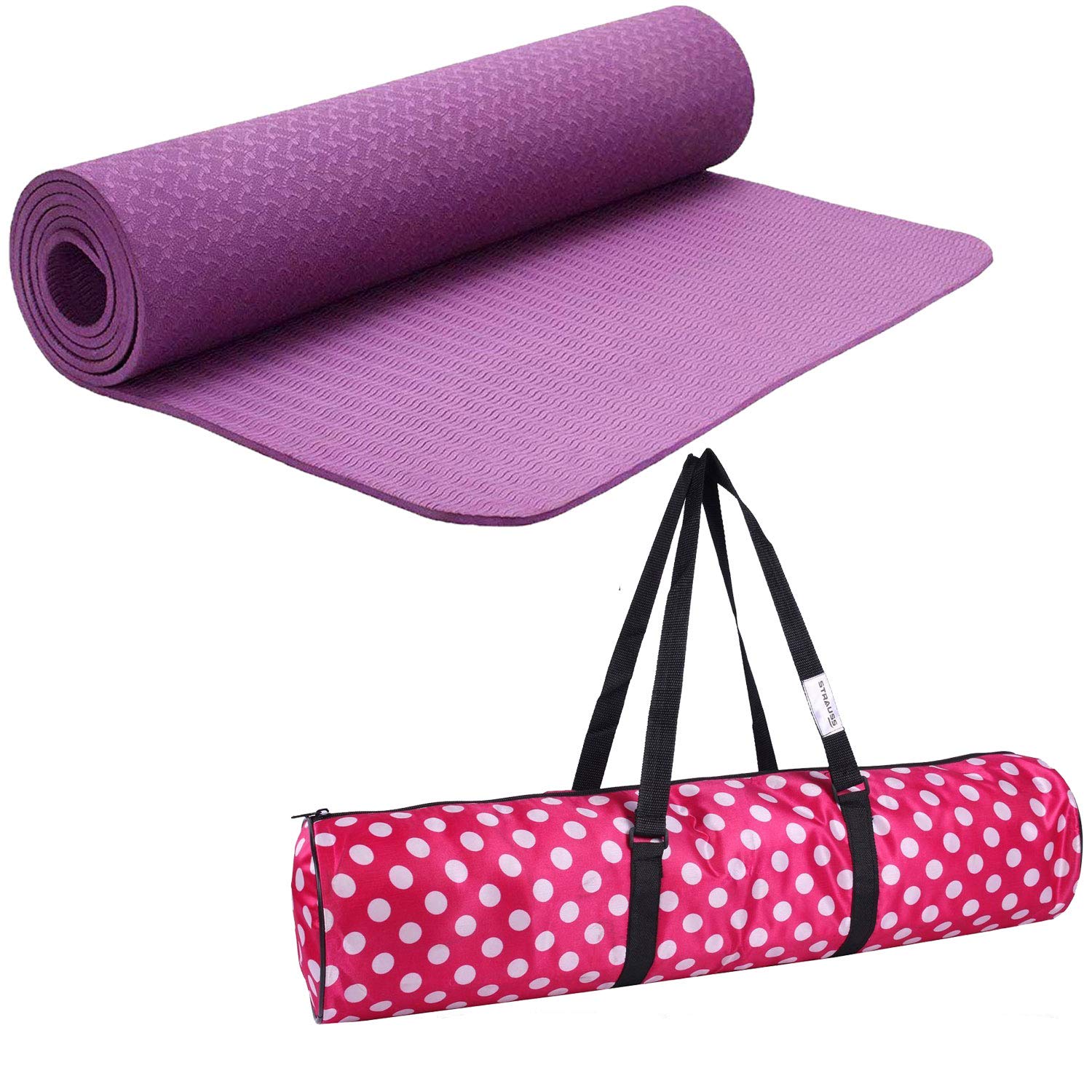 Strauss TPE Eco-Friendly Yoga Mat, 6mm (Purple) and Yoga Mat Bag,Polka Dots Pink (Full Zip)