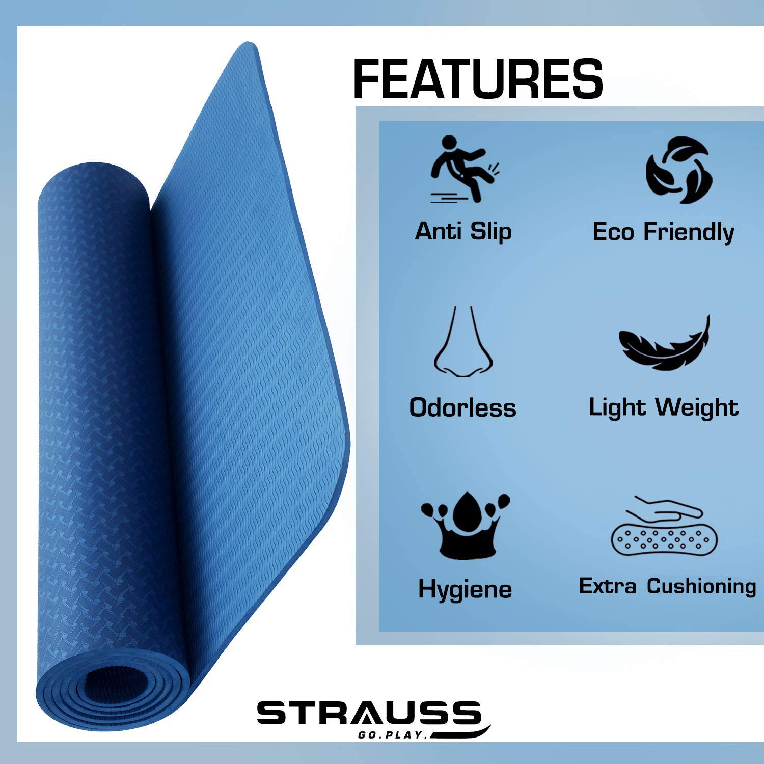 Strauss TPE Eco-Friendly Yoga Mat, 6mm (Blue) and Cooling Towel, 80 cm, (Blue)