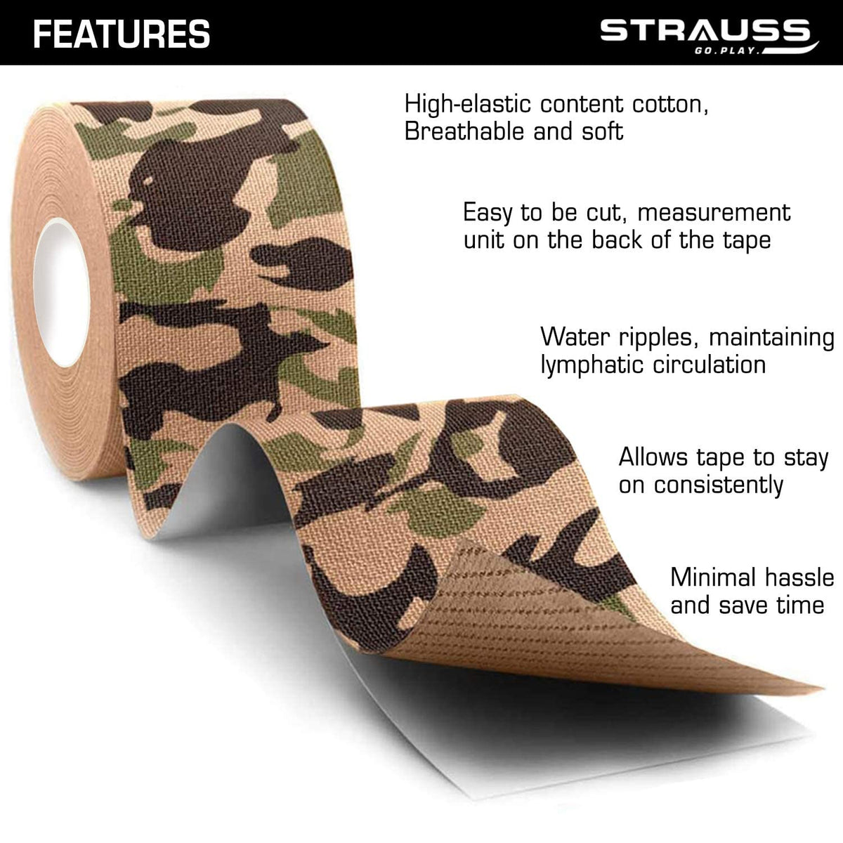 Strauss Kinesiology Sports Tape Knee, Calf & Thigh Support, (Camo Green), (Pack of 2)