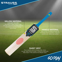 Strauss Launcher Cricket Bat | Kashmir Willow | Cricket Bat with Grip for Gully Cricket & Tournament Match | Standard Tennis Ball Bat for Cricket | Size: Short Handle (1150-1250 Grams)