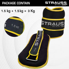 Strauss Round Shape Adjustable Ankle Weight/Wrist Weights 1.5 KG X 2 | Ideal for Walking, Running, Jogging, Cycling, Gym, Workout & Strength Training | Easy to Use on Ankle, Wrist, Leg, (Yellow)