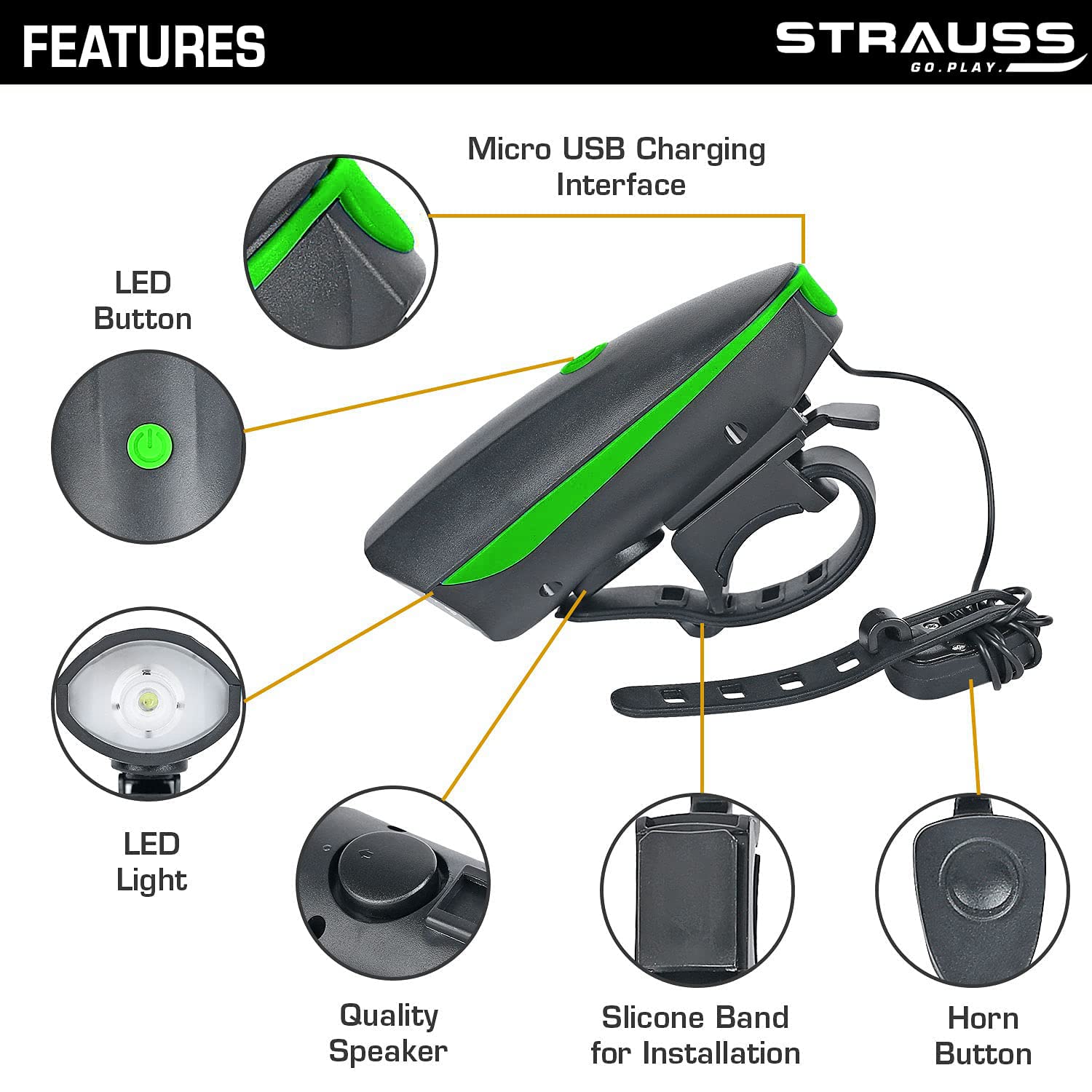 Strauss Rechargeable Bike Horn and Light, (Green)