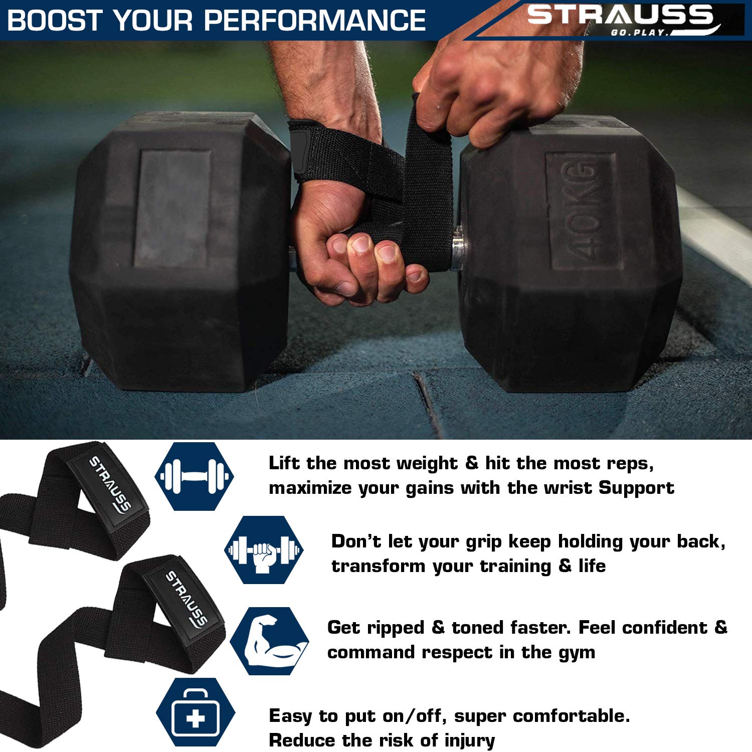 Strauss PT Cotton Wrist Support, Pack of 2 (Black) with Gym Belt