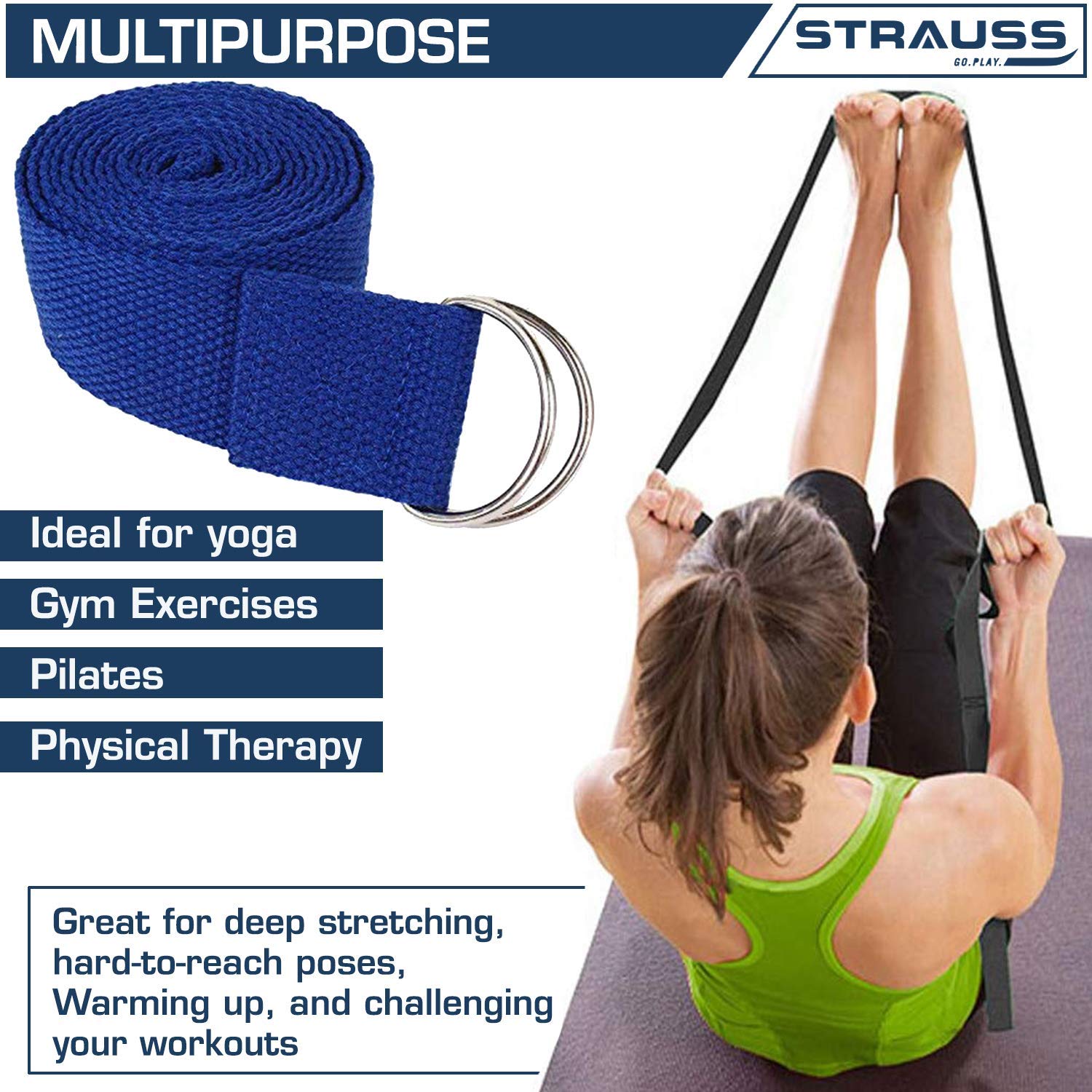 Strauss Meditation Designer Yoga Mat 5 mm (Navy Blue), Yoga Block (Navy Blue) Pair and Yoga Belt (Blue)