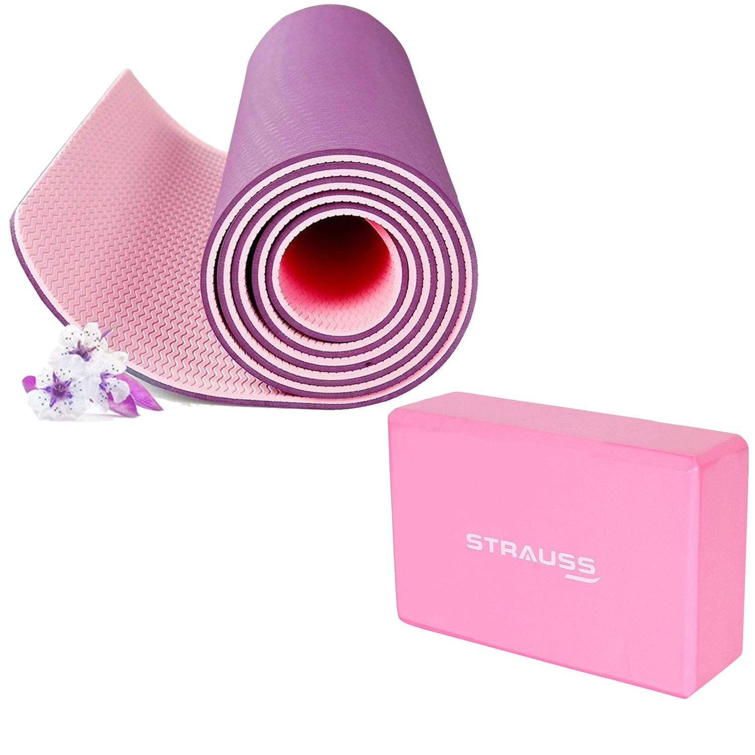 Strauss TPE Eco Friendly Dual Layer Yoga Mat, 6 mm (Pink) and Yoga Block (Pink)