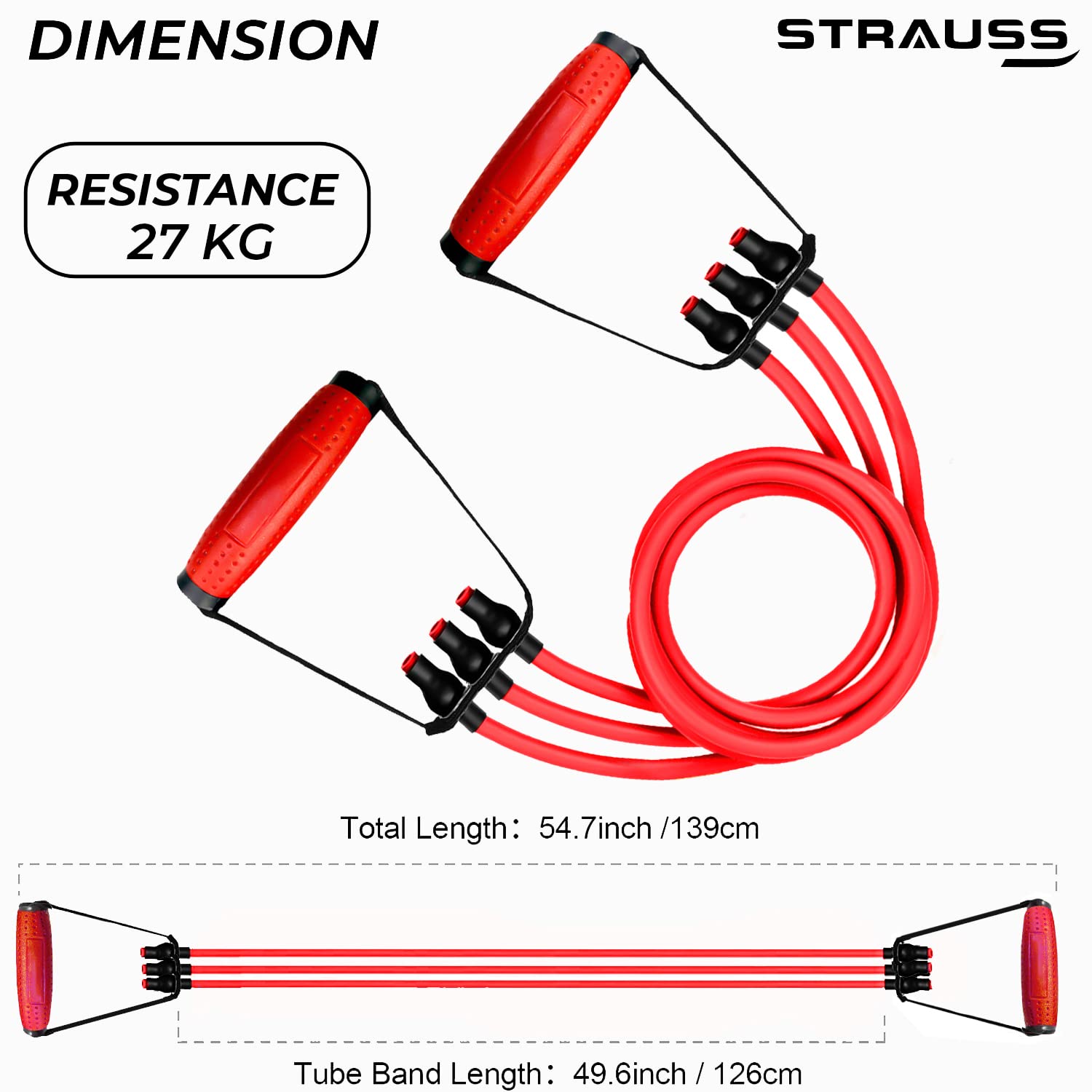 Strauss Triple Resistance Tube with PVC Handles, Door Knob & Carry Bag, 27 Kg, (Red)