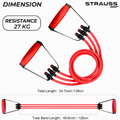 Strauss Triple Resistance Tube with PVC Handles, Door Knob & Carry Bag, 27 Kg, (Red)