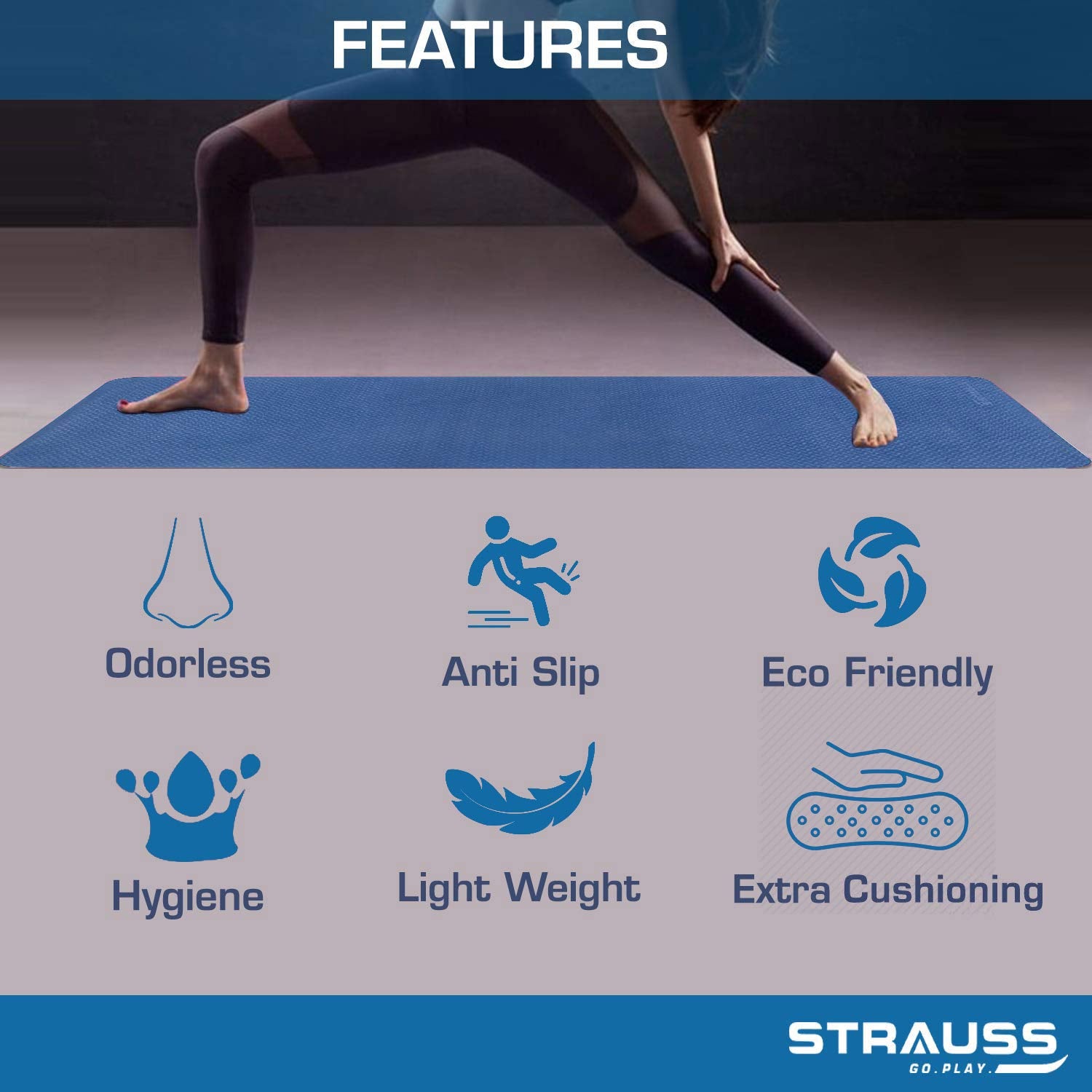 Strauss TPE Eco Friendly Dual Layer Yoga Mat, 6mm (Blue) and Cooling Towel, 80 cm, (Blue)