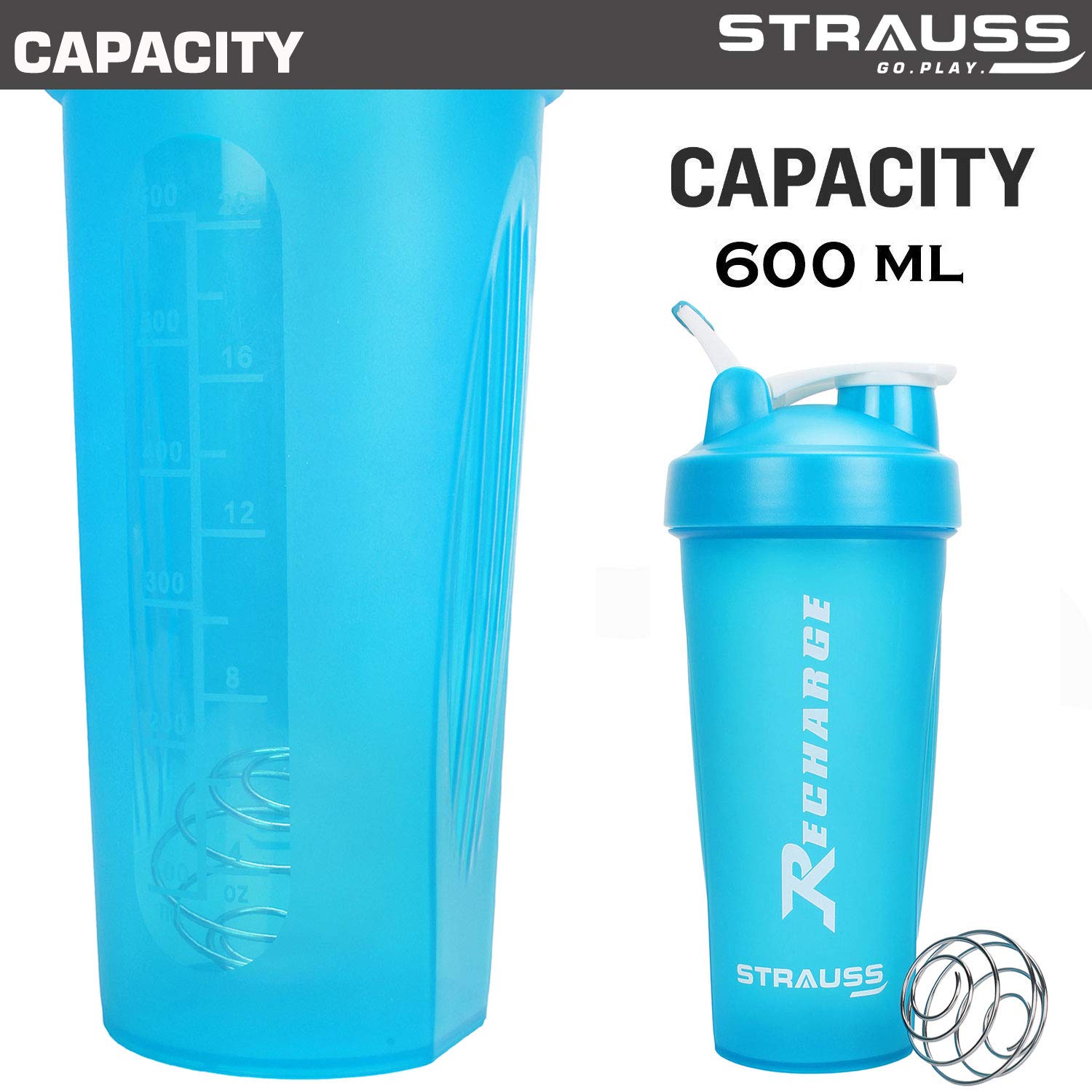 Strauss Recharge Shaker Bottle, 600 ml (Blue)
