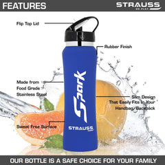 STRAUSS Spark Stainless-Steel Bottle, Rubber Finish, 750 ml | 100% Leak Proof | BPA Free | Water Bottle for Office, Gym Bottle, Home, Kitchen, Hiking, Trekking Bottle and Travel Bottle, (Blue)