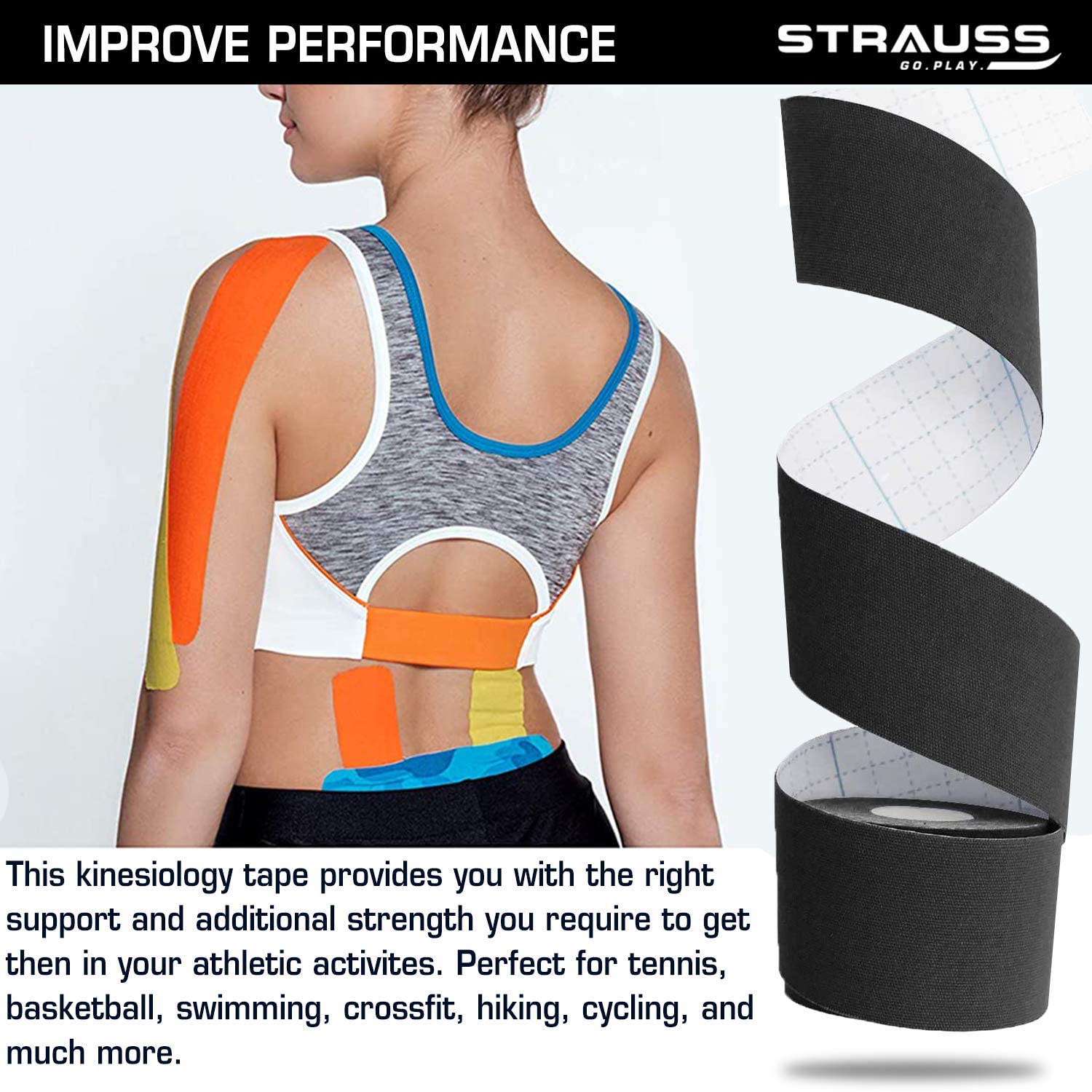 Strauss Kinesiology Sports Tape Knee, Calf & Thigh Support (Black)
