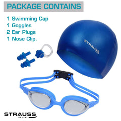 STRAUSS Swimming Kit (Silicone cap|Swimming Goggle|Earplugs|Noseplug) (Blue) (Pack of 2)