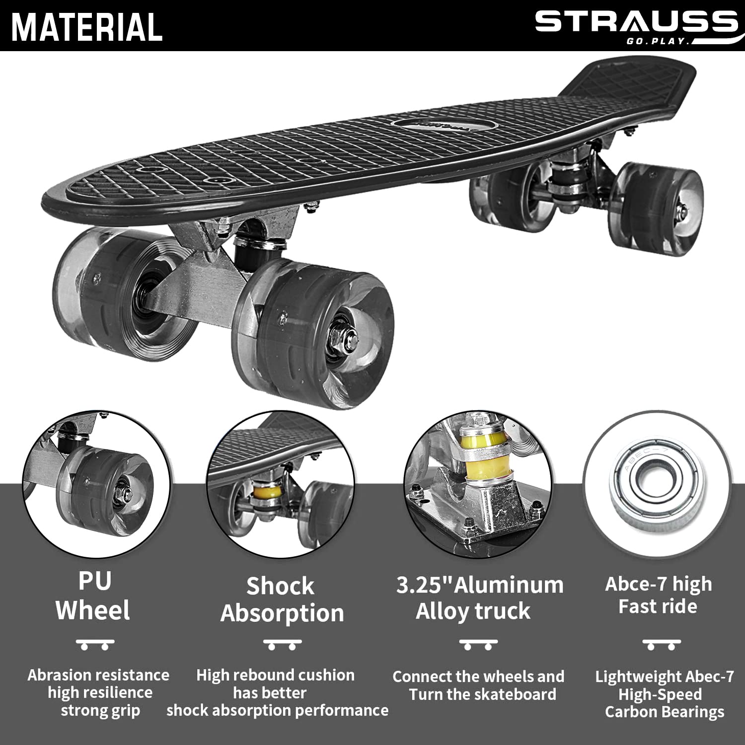 STRAUSS Cruiser Skateboard| Penny Skateboard | Casterboard | Hoverboard | Anti-Skid Board with ABEC-7 High Precision Bearings | PU Wheel with Light |Ideal for All Skill Level | 21.6 X 6 Inch,(Blue)