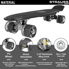 STRAUSS Cruiser Skateboard| Penny Skateboard | Casterboard | Hoverboard | Anti-Skid Board with ABEC-7 High Precision Bearings | PU Wheel with Light |Ideal for All Skill Level (31 X 8 Inch), (Blue)