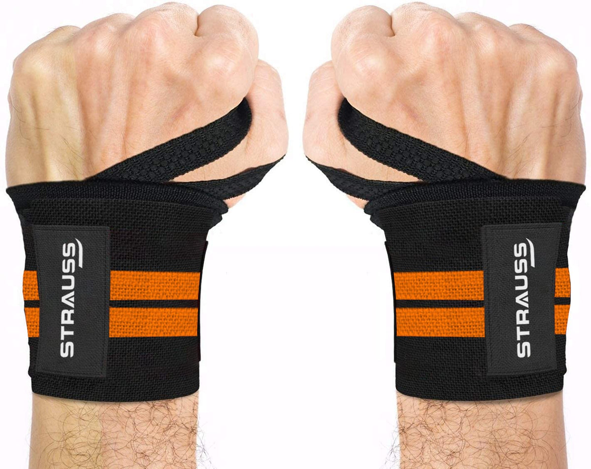 STRAUSS WL Cotton Wrist Supporter with Thumb Loop Straps & Closures for Gym, Workouts & Strength Training| Adjustable & Breathable Material with Powerful Velcro & Soft Material, (Black/Orange)