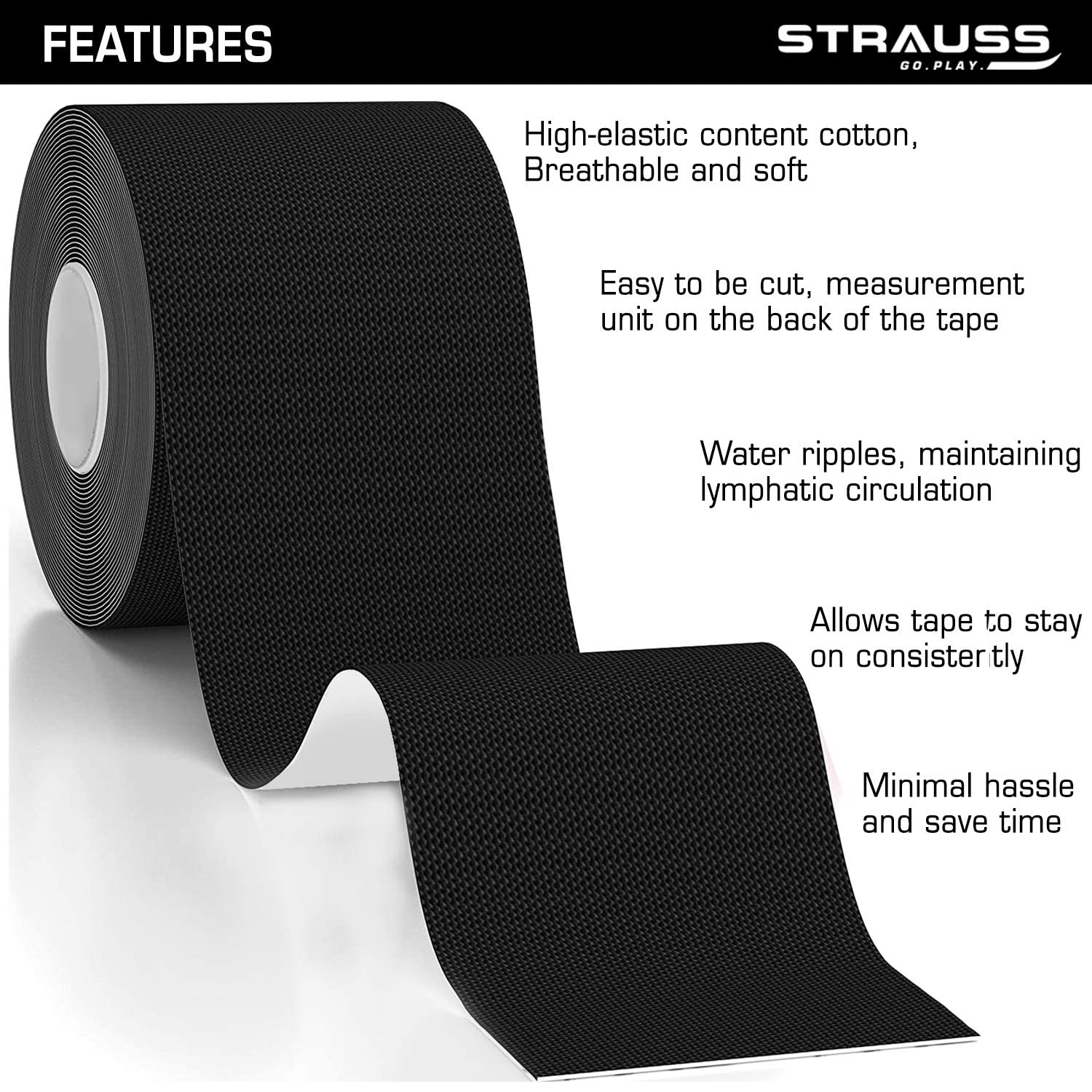Strauss Kinesiology Sports Tape Knee, Calf & Thigh Support (Black)
