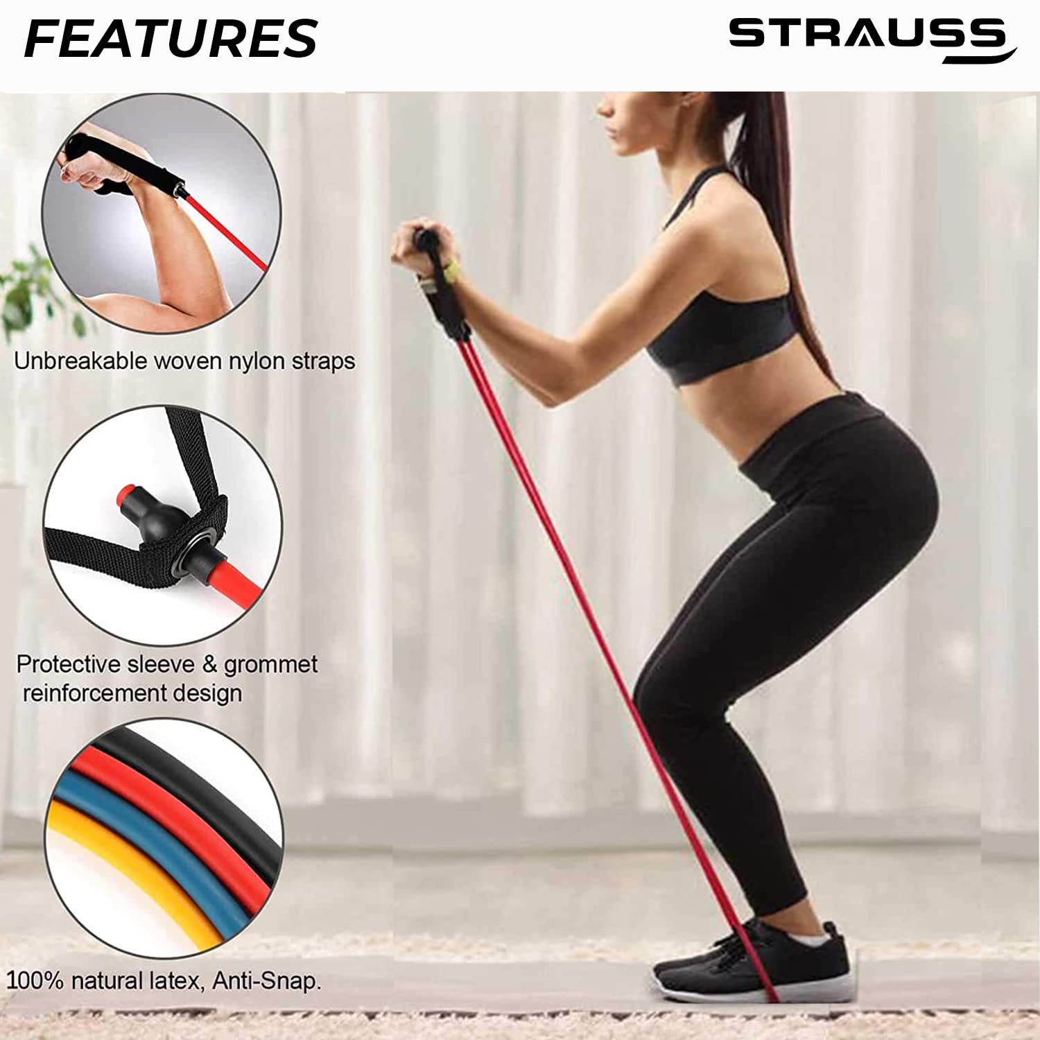 Strauss Double Resistance Tube with PVC Handles, Door Knob & Carry Bag | Double Toning Tube for Stretching, Workout, Home Gym and Toning with Heavy Quality D Shaped Handles | 18 Kg, (Red)