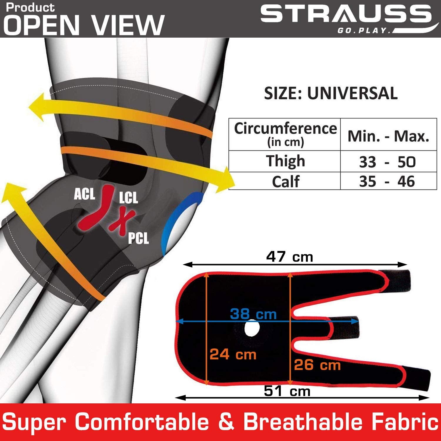 Strauss Wrist Support Pair (Free Size, Black) with Knee Support Patella