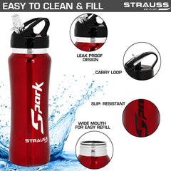 STRAUSS Spark Stainless-Steel Bottle, Metal Finish, 750 ml, (Red)