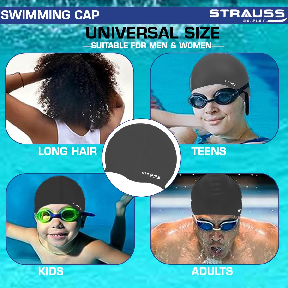 Strauss Swimming Cap | Keeps Hair Clean with Ear Protector | Suitable for Long and Short Hair | Swimming Head Cap with Breathable Fabric | Waterproof Swim Cap for Adult, Woman and Men,(Black)