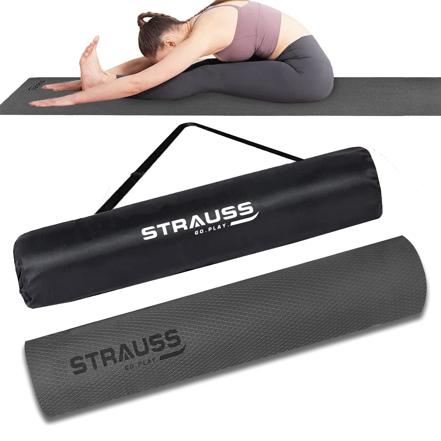 Strauss Anti Skid EVA Yoga Mat with Carry Bag, 8mm, (Black)