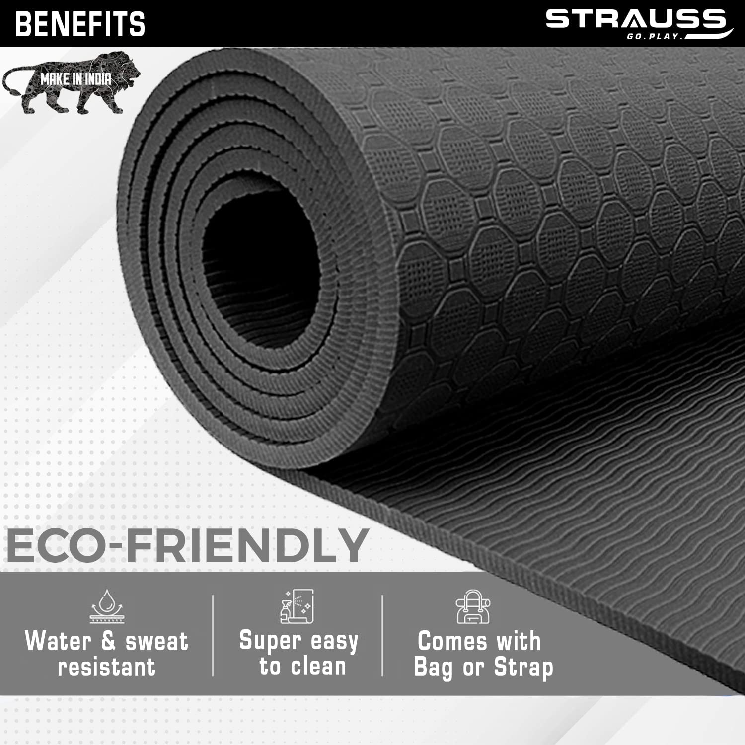 Strauss Anti Skid TPE Yoga Mat with Carry Bag, 8mm, (Black)