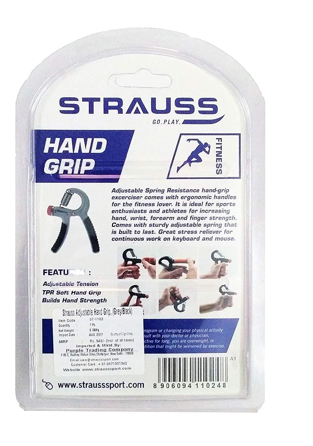Strauss Adjustable Hand Grip Strengthener - Grey & Black (Pack of 2)