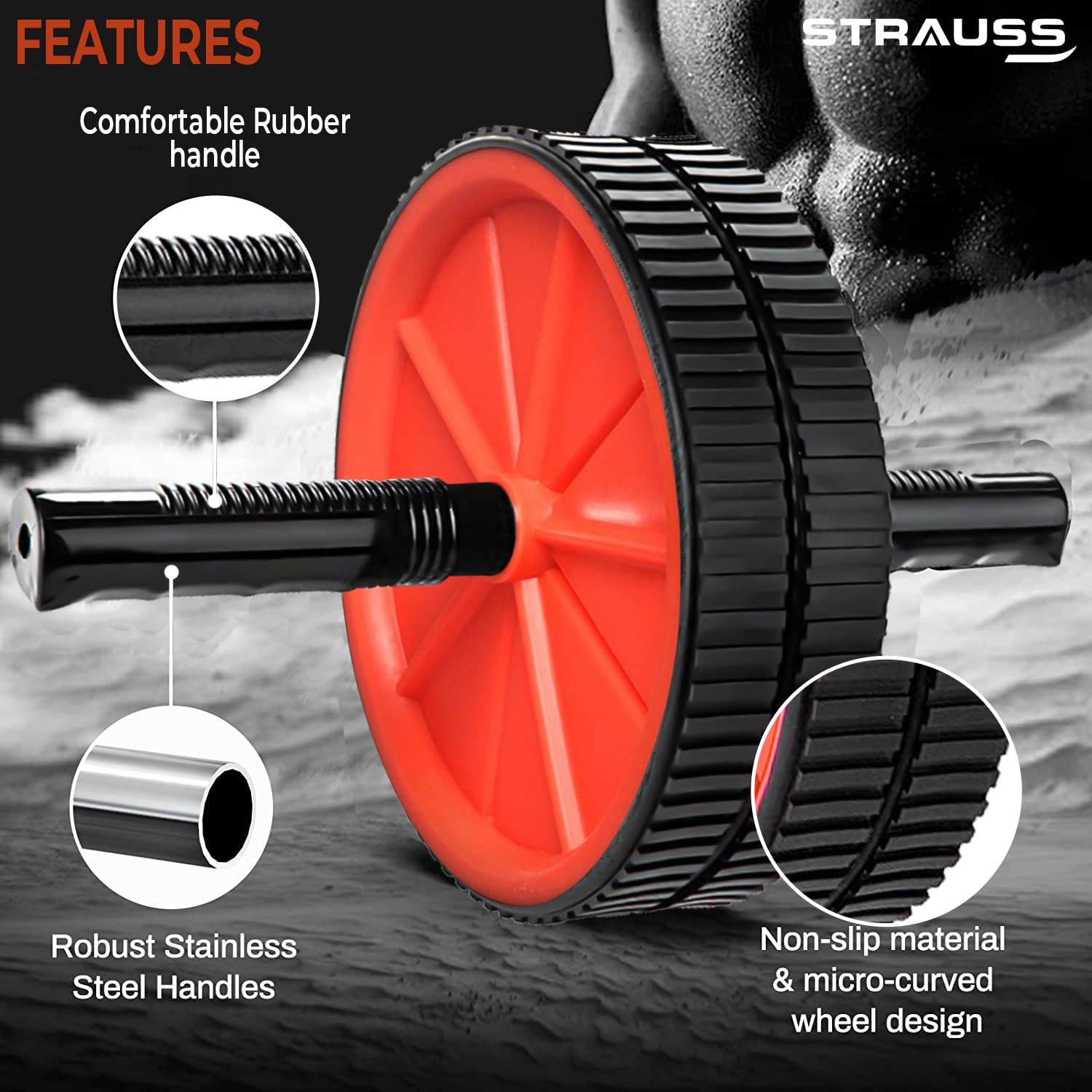 Strauss Premium Exercise wheel Ab Roller with PVC Handles, (Orange)